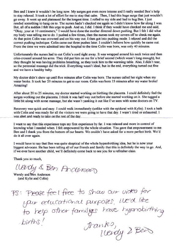 Wendy and Ben Anderson writes about how HypnoBirthing helped in delivering Colin - Page 2 Birth Evaluation on how HypnoBirthing helped in delivering their baby