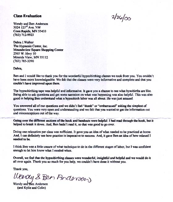 Wendy and Ben Anderson evaluates the HypnoBirthing Class they attended Evaluation Letter of the HypnoBirthing Class