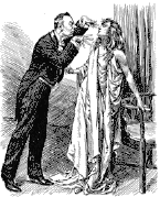 1800s Line Drawing depicting a man hypnotizing a woman Man Hypnotizing Woman